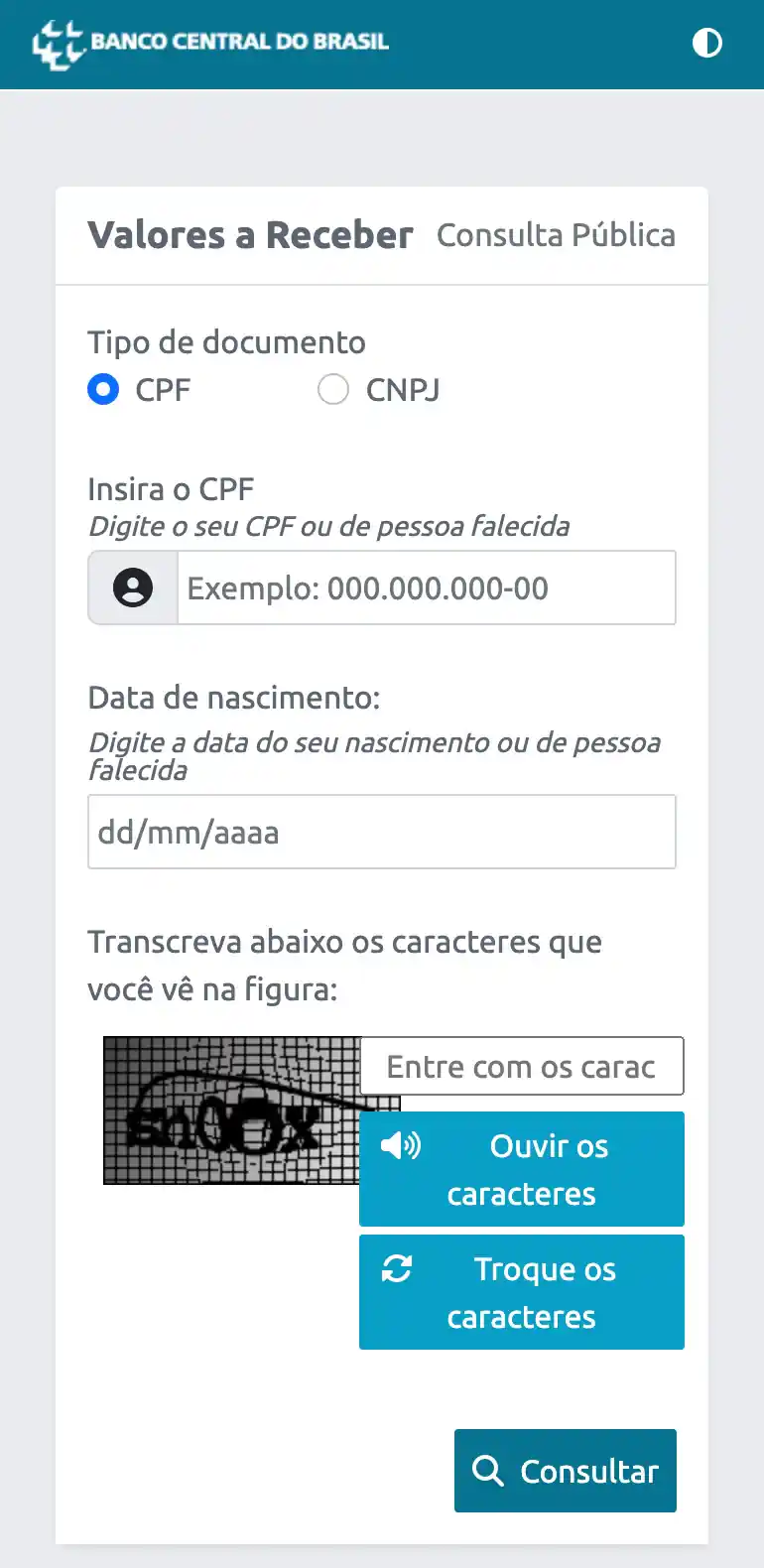 Tela da consulta pública do Valores a Receber, com os campos de CPF, data de nascimento e os caracteres da imagem