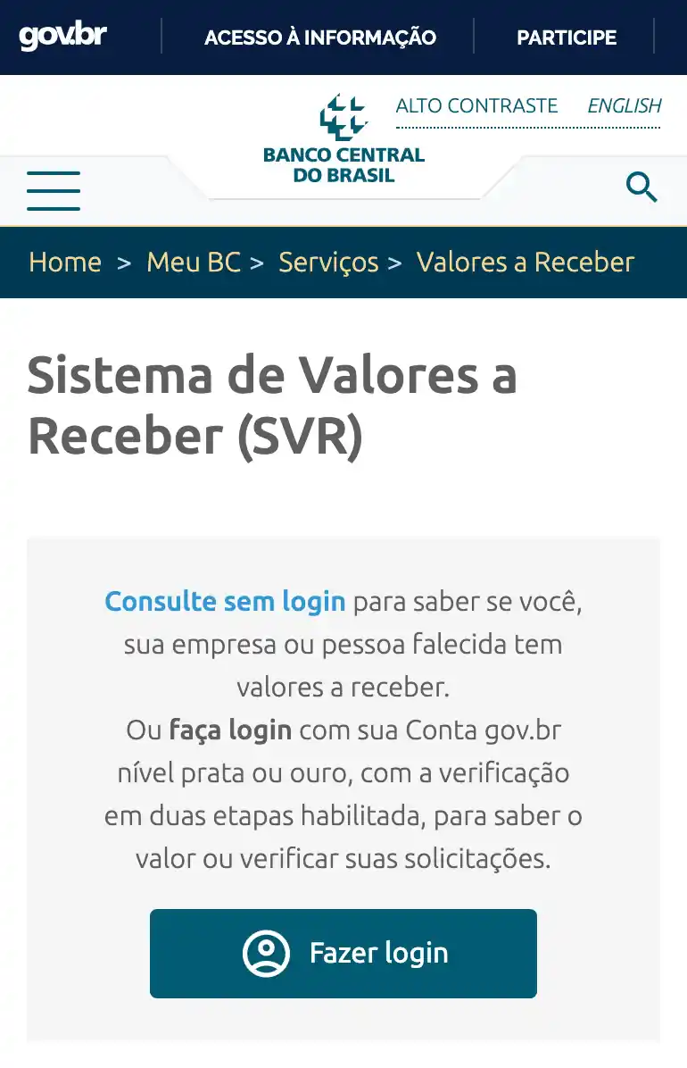 Página do Sistema de Valores a Receber no site do Banco Central, com o link Consulte sem login e o botão Fazer login