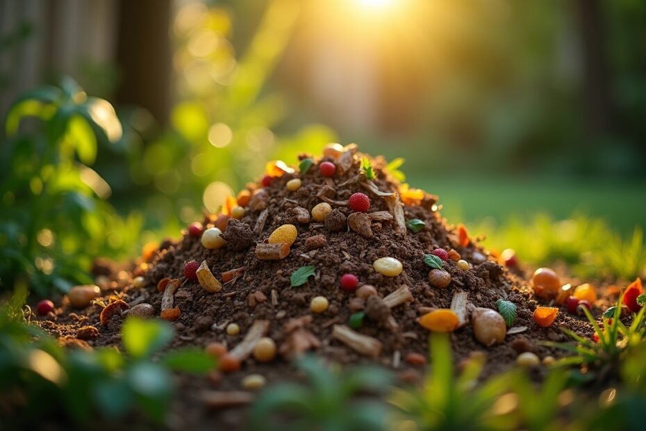 Organic compost pile in a sustainable garden, made from kitchen scraps and garden waste.