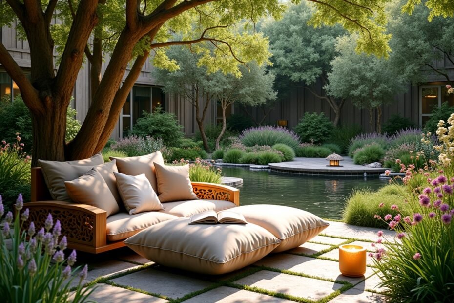 A serene seating area in a sensory garden, perfect for relaxation and engaging with nature.