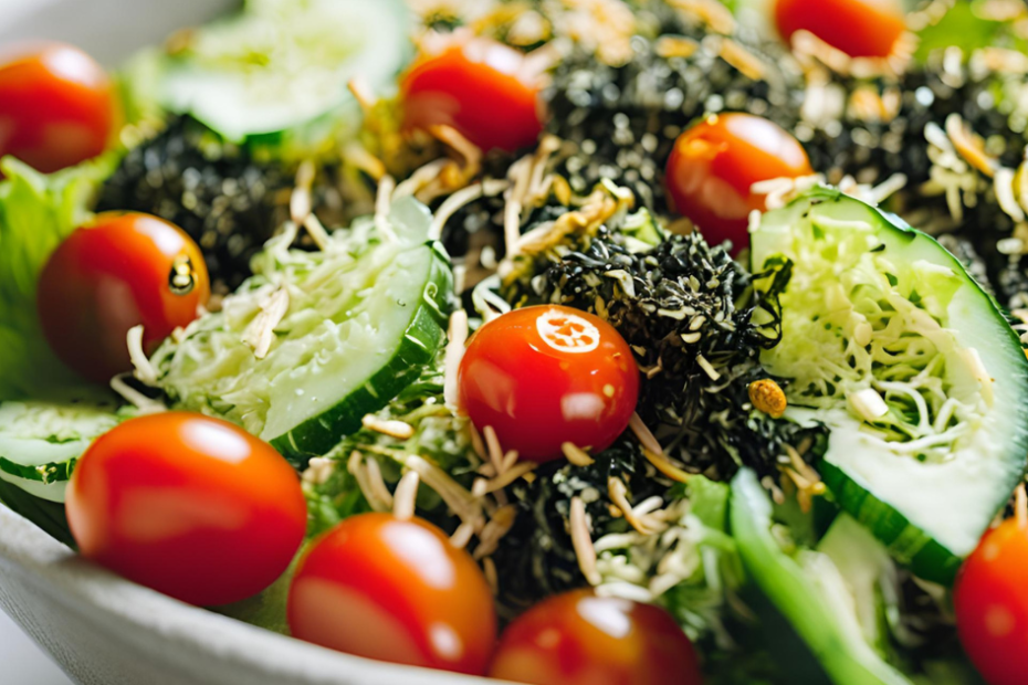 A healthy salad sprinkled with dried nori flakes