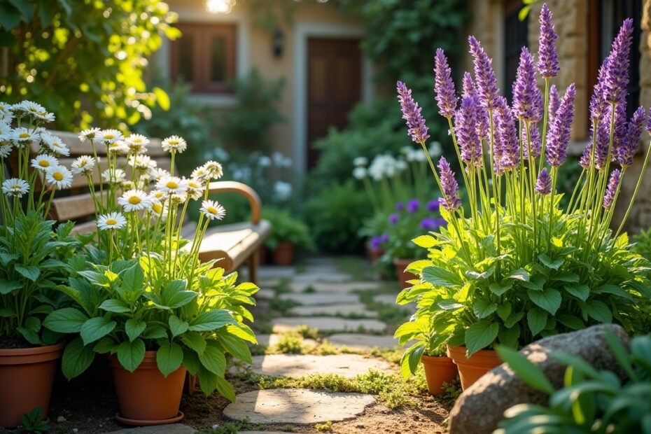 A thriving herb garden with chamomile, mint, and lavender ready for harvest.