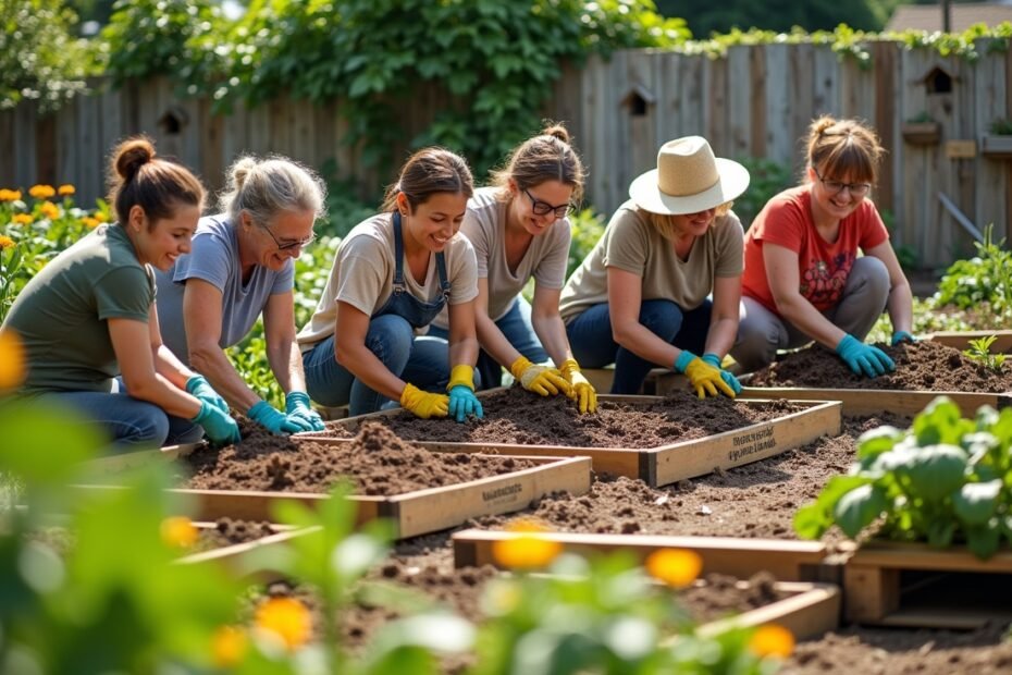 Community garden with traditional gardening practices and communal composting.