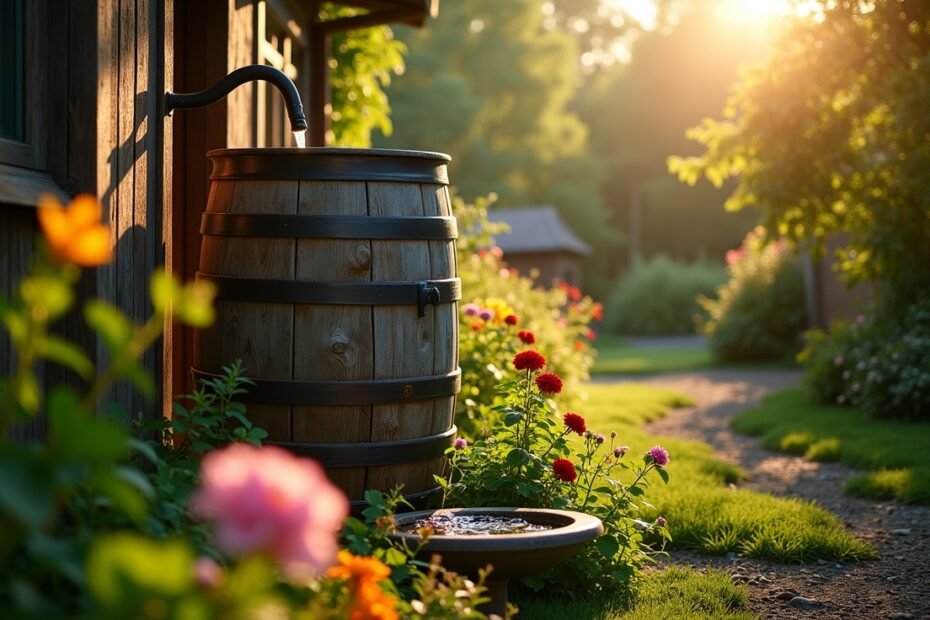 DIY rainwater harvesting system with a rain barrel in a vibrant home garden, promoting water conservation and sustainability