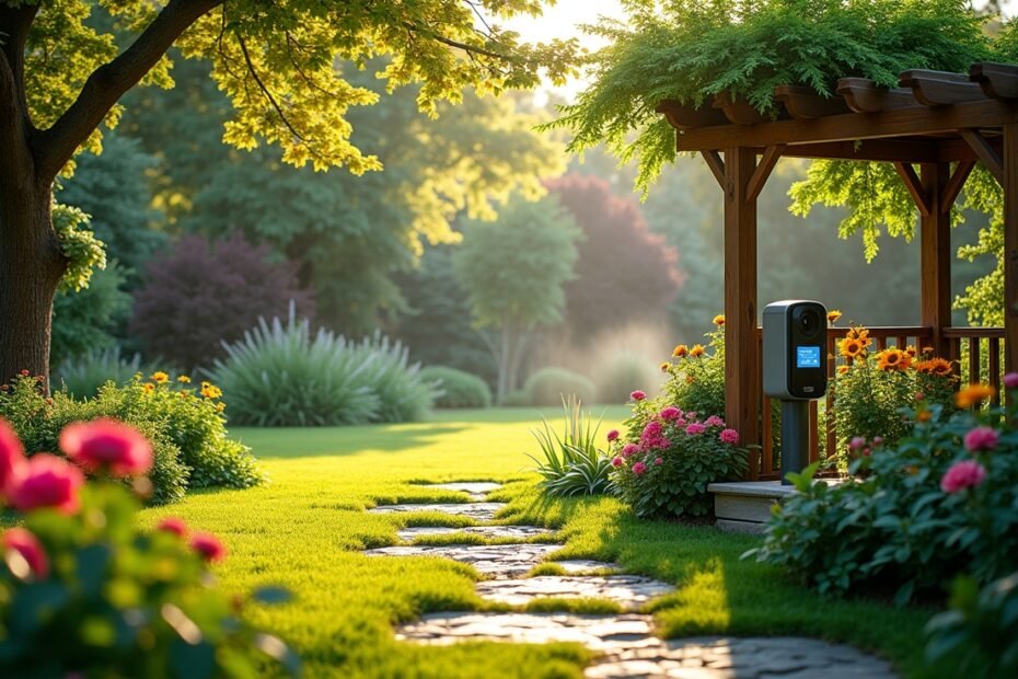 Backyard garden with smart sensors and automated watering system for optimal plant care.