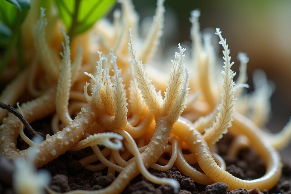 Close-up of plant roots intertwined with mycorrhizal fungi, showcasing natural symbiosis.
