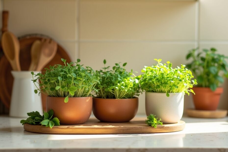 Indoor microgreens arranged in decorative containers on a kitchen countertop.