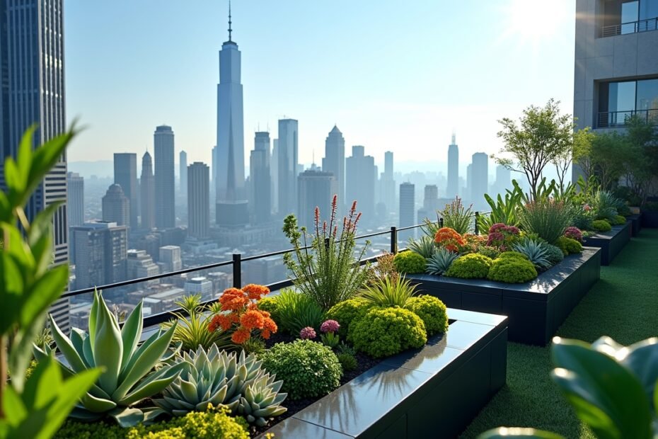 Modern rooftop garden with a variety of plants against an urban skyline backdrop.