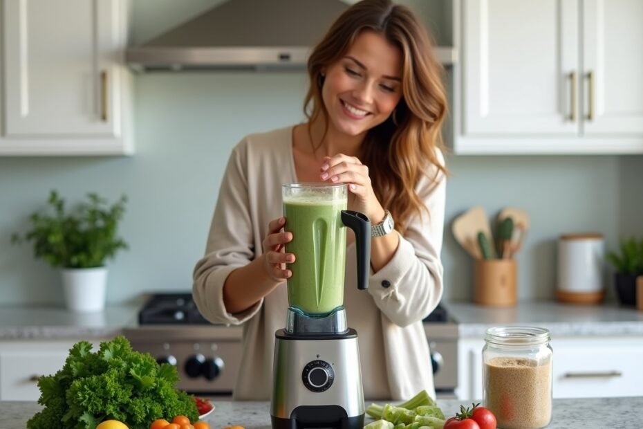 Healthy morning smoothie being prepared with Lion’s Mane powder for a brain-boosting start.