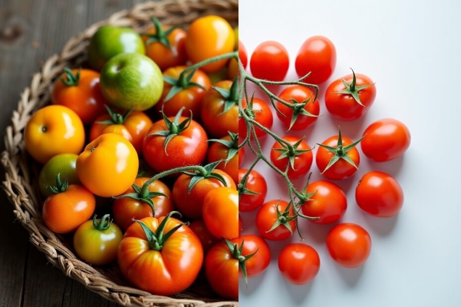 Comparison of heirloom and hybrid tomato varieties, showcasing differences in color and shape.