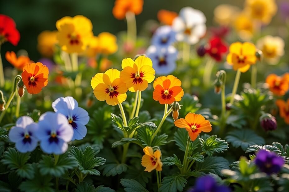 Garden bed with a colorful mix of edible flowers, perfect for salads and garnishes.