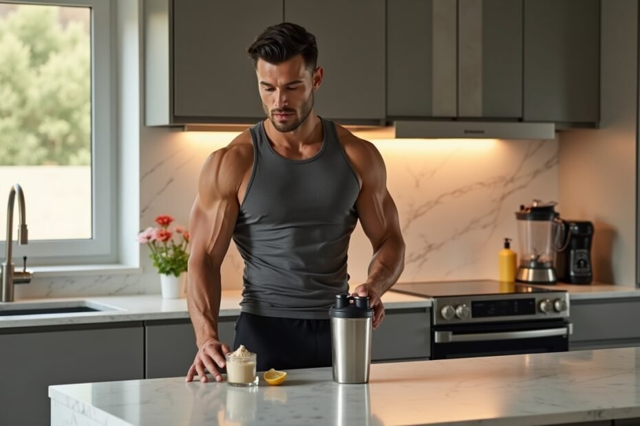 Athlete mixing reishi powder into a post-workout shake to boost recovery and energy.