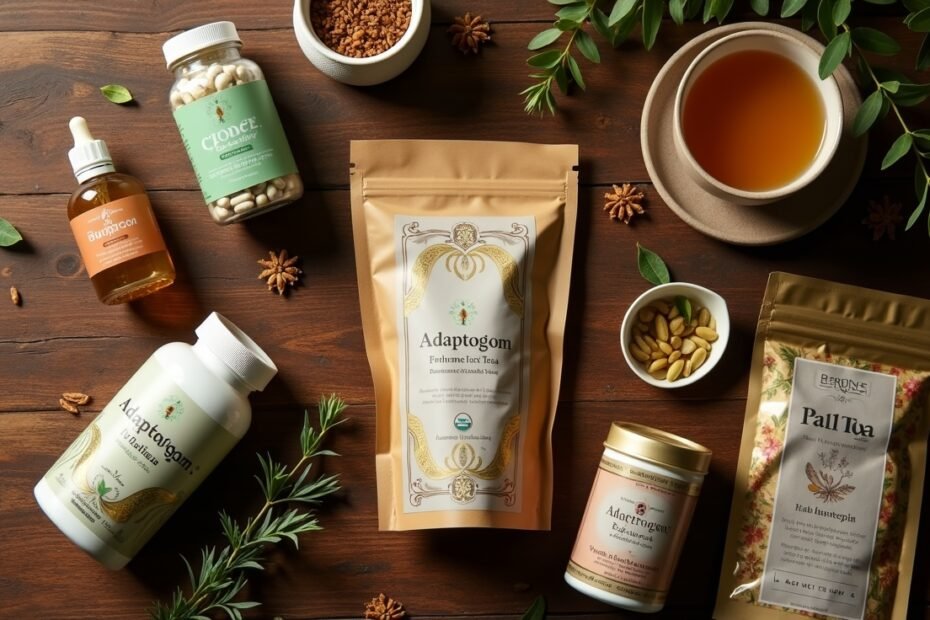 A flat lay of adaptogen supplements and teas on a wooden table.
