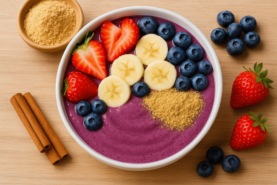 Smoothie bowl with maca powder and fresh fruits for natural energy.