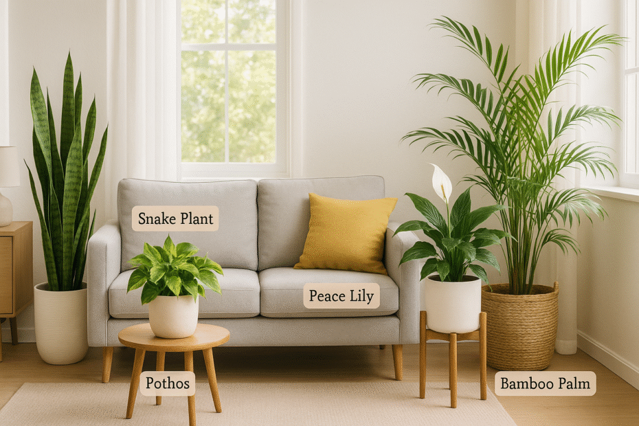 A bright, modern living room corner with a variety of air-purifying plants like snake plant, pothos, peace lily, and bamboo palm arranged near a window with natural light.