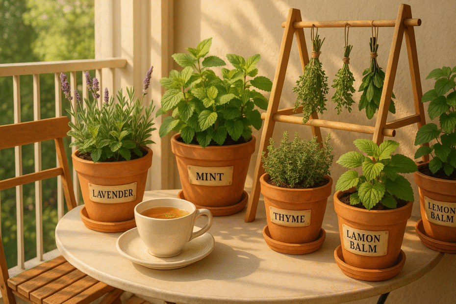 A cozy, sunlit balcony garden featuring potted lavender, mint, thyme, and lemon balm. Include labeled terra cotta pots, a small herb drying rack, and a cup of herbal tea on a bistro table to create a serene, self-care-focused atmosphere.