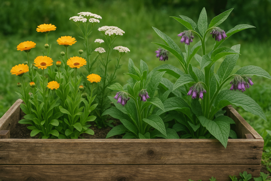 Herbal first aid garden with calendula, yarrow, and comfrey