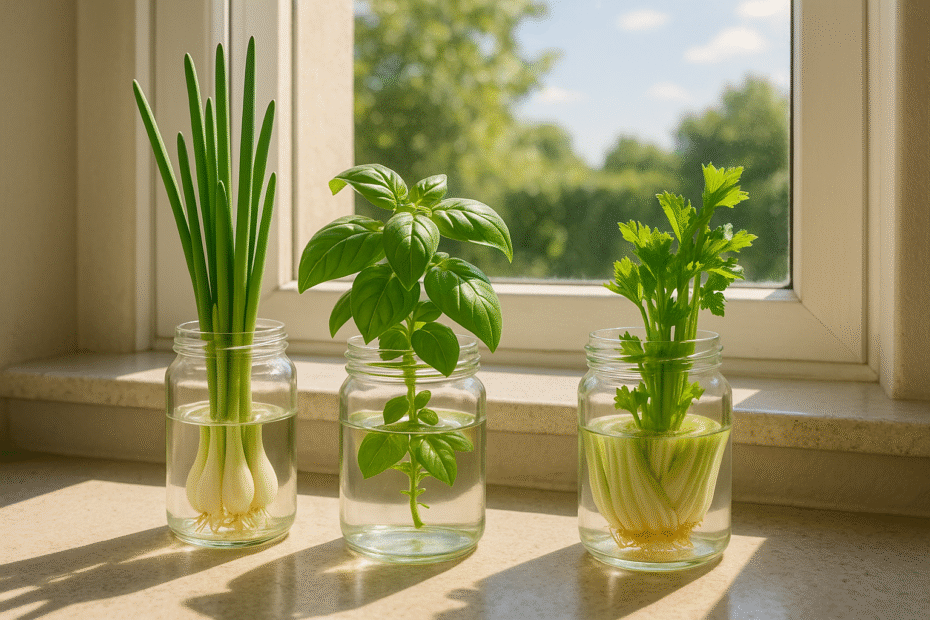 Herbs and vegetables regrowing in jars from kitchen scraps