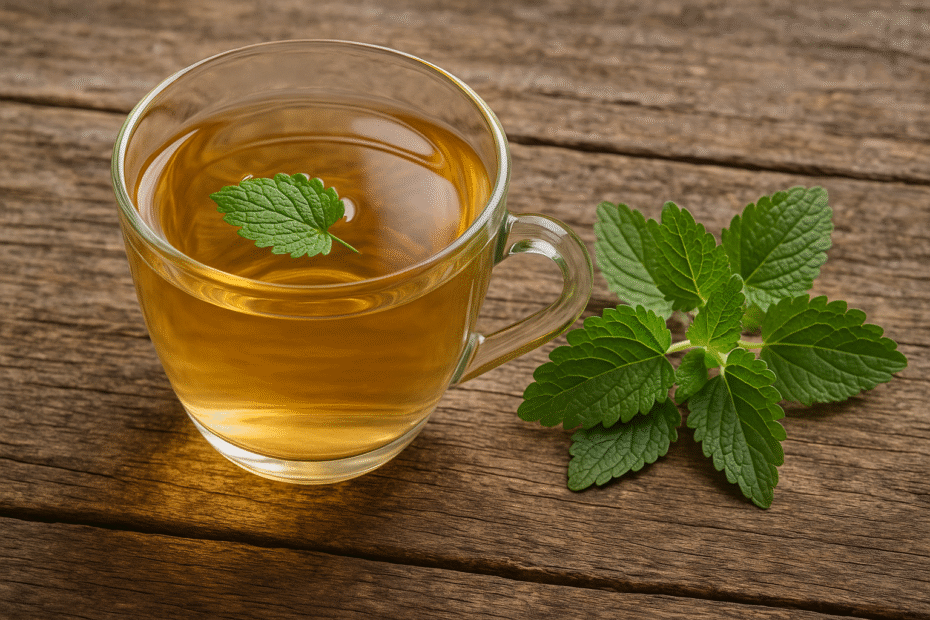 Calming lemon balm tea with fresh leaves for stress and sleep
