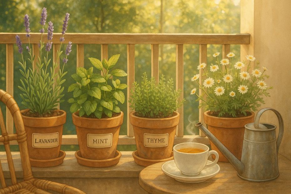 A cozy, sunlit balcony garden with potted medicinal herbs like lavender, mint, thyme, and chamomile. Include labeled pots, a watering can, and a cup of herbal tea on a small table to evoke a sense of calm and natural wellness.