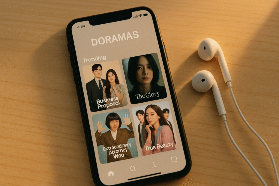 Celular em close exibindo a tela inicial de um app de doramas com capas de séries organizadas; mesa de madeira clara, fones de ouvido ao lado e luz suave de fim de tarde. Estilo clean, foco em praticidade e streaming no mobile.