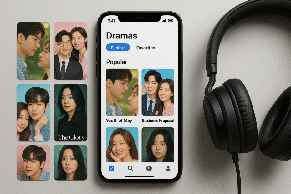 Tela de um celular exibindo a interface de um app de doramas (como Viki), com ícones de séries asiáticas ao lado e fones de ouvido apoiados. Estilo moderno e clean, com foco em cultura pop e streaming.