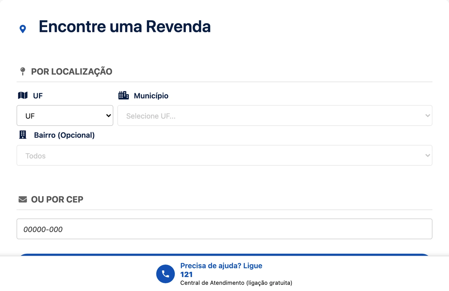 Busca de revenda credenciada do Gás do Povo por estado, município ou CEP