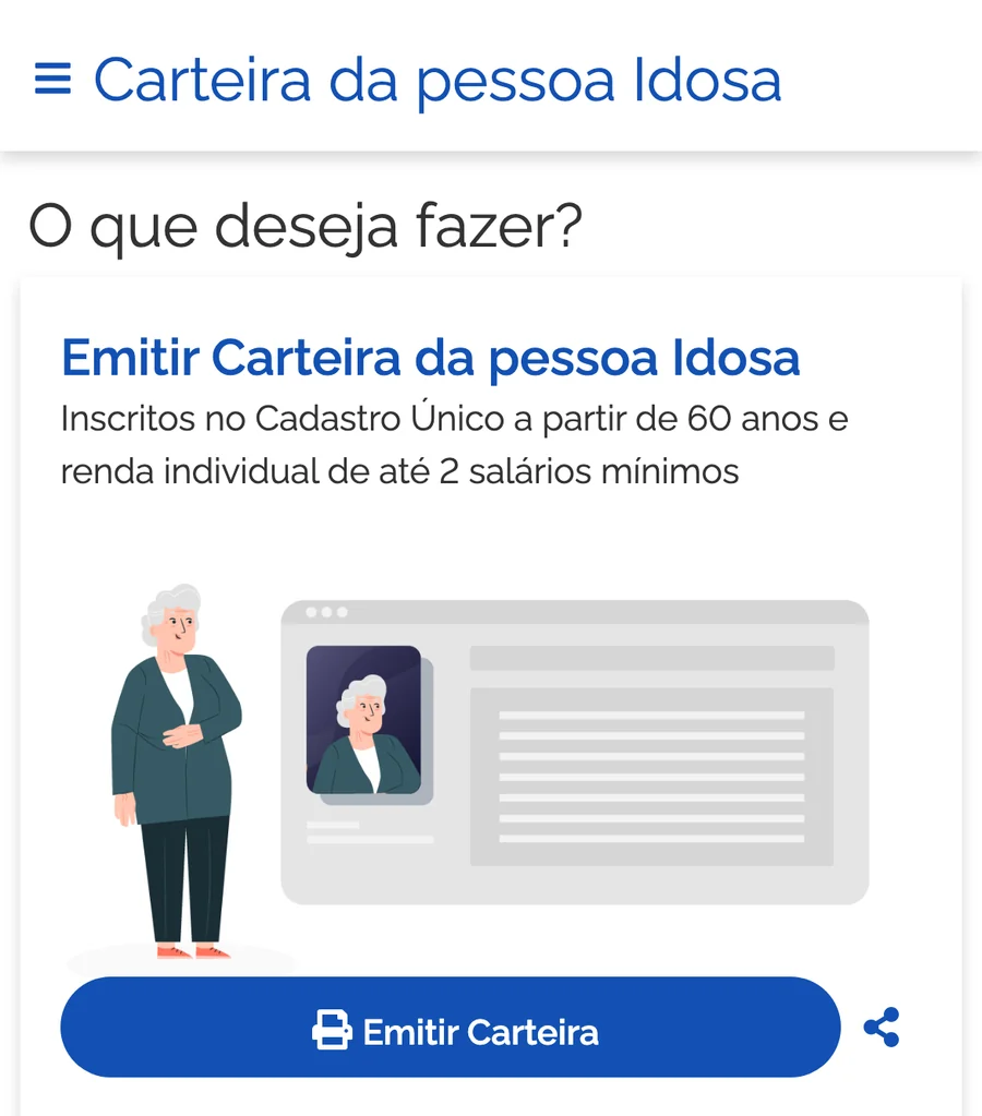 Tela do site oficial da Carteira da Pessoa Idosa com o botão Emitir Carteira