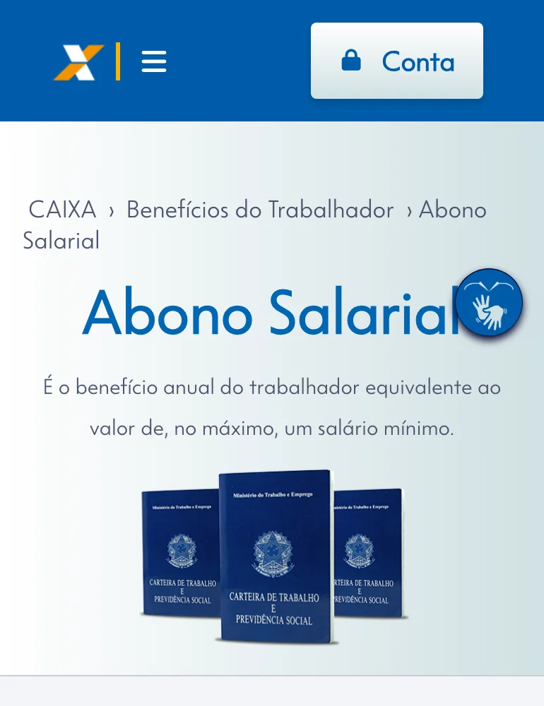 Página do Abono Salarial no site da Caixa, com as seções quem tem direito, qual o valor e pagamento