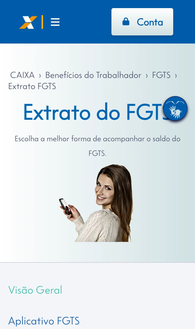 Página do extrato do FGTS no site da Caixa, com as opções aplicativo FGTS, mensagens no celular e internet banking
