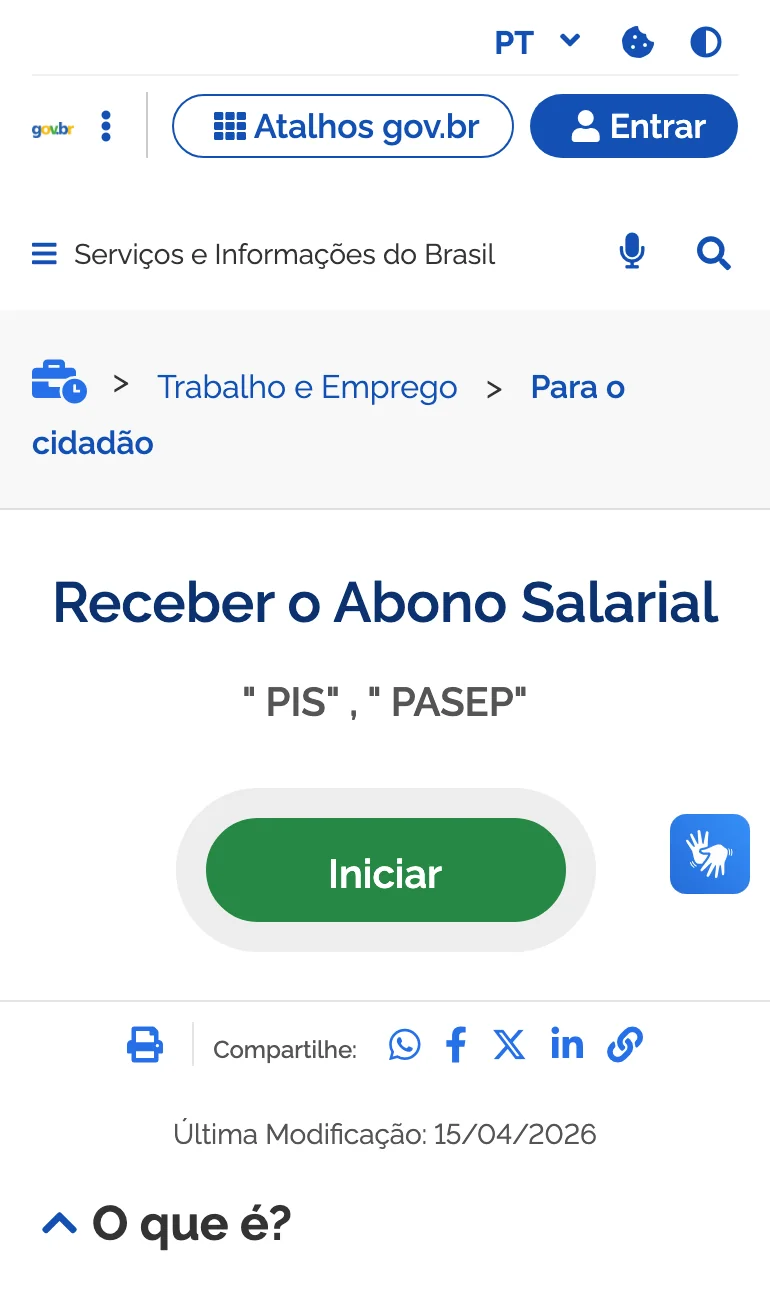 Página do serviço Receber o Abono Salarial no portal gov.br, com o botão Iniciar