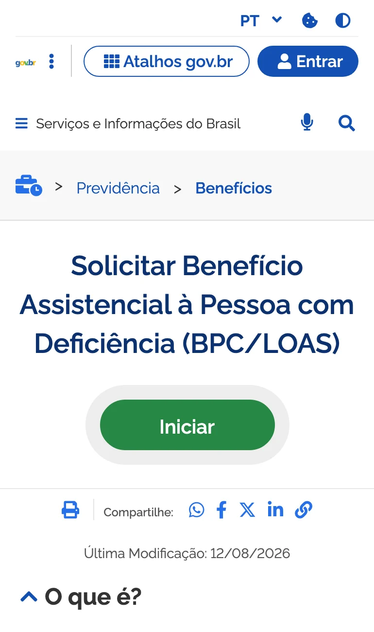 Página do serviço Solicitar Benefício Assistencial à Pessoa com Deficiência no portal gov.br, com o botão Iniciar