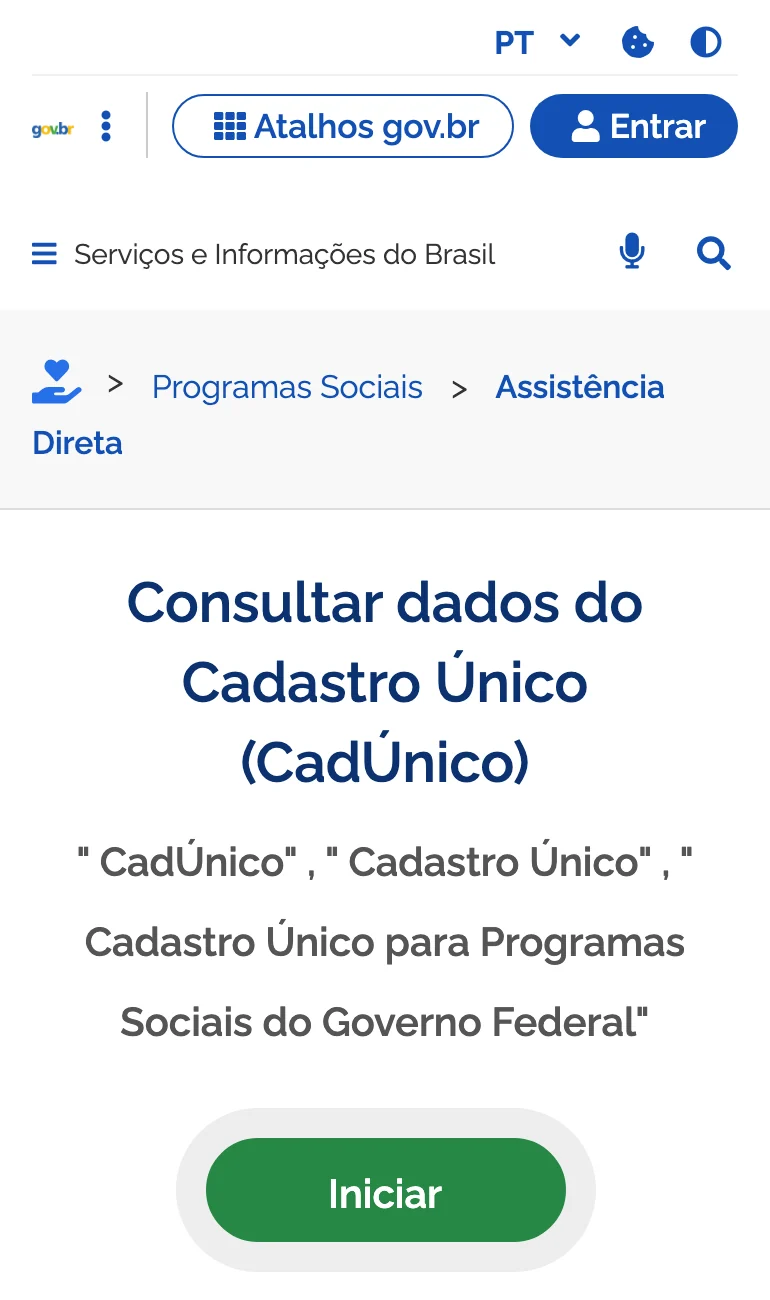 Página do serviço Consultar dados do Cadastro Único no portal gov.br, com o botão Iniciar