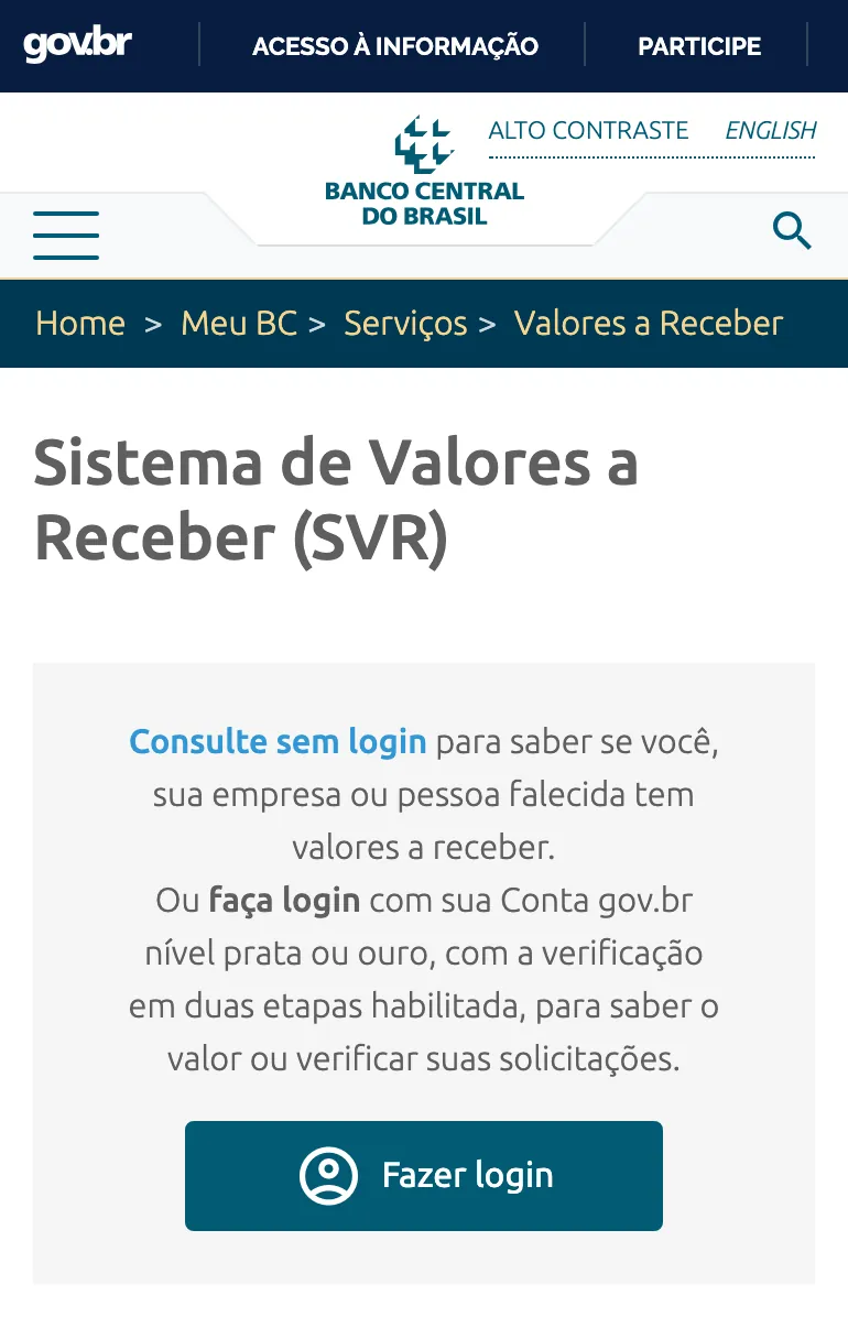 Página do Sistema de Valores a Receber no site do Banco Central, com o link Consulte sem login e o botão Fazer login